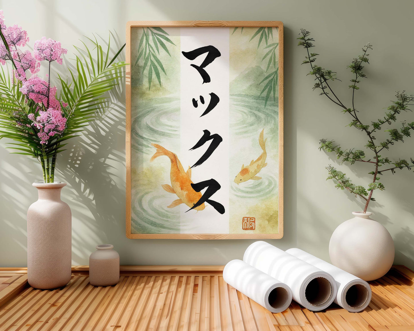 Personalised Japanese Calligraphy | Bamboo Essence Digital Print Koi