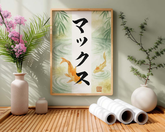 Personalised Japanese Calligraphy | Bamboo Essence Digital Print Koi