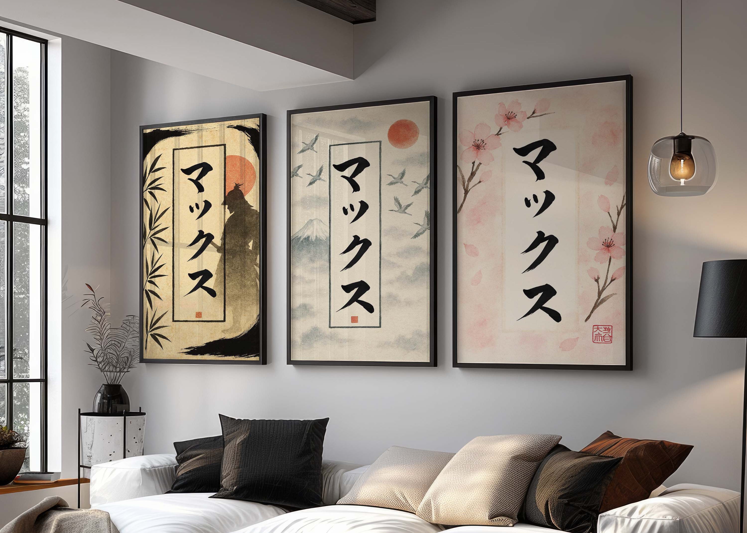 Modern living room with a white sofa, decorative pillows, and framed artwork on the wall. Japanese